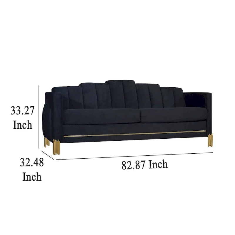 Theo Sofa, Black Velvet, Blue LED Lights, Gold Metal Legs, 83 Inch