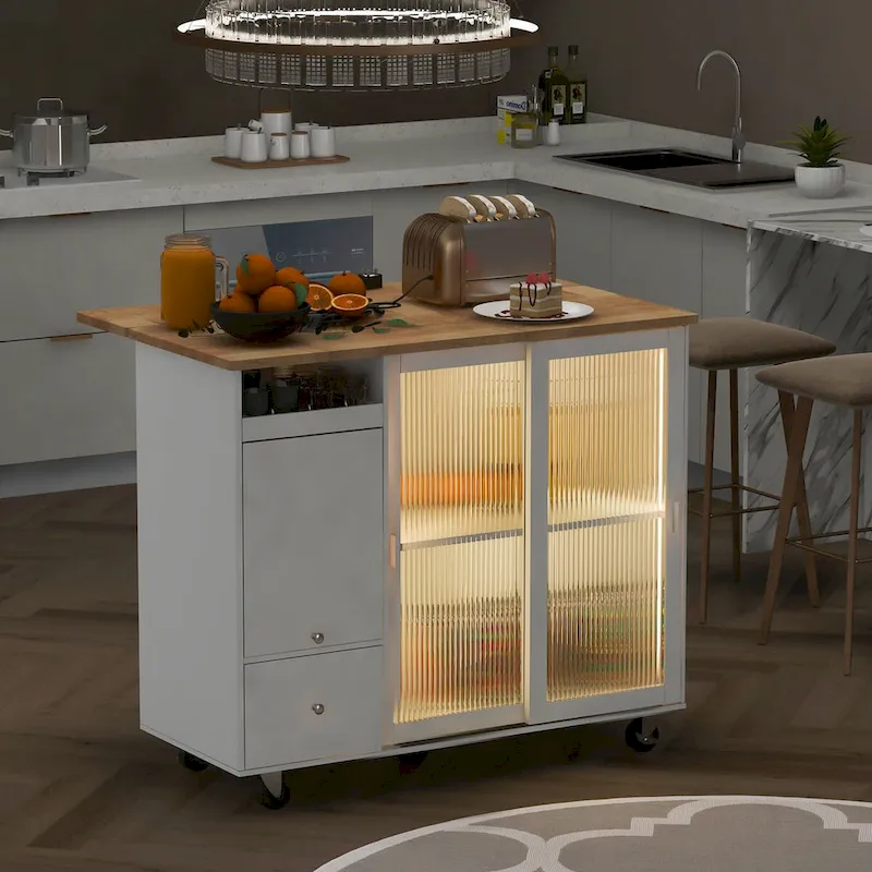 44 in. W Kitchen Island Rubber Wood Drop-Leaf Countertop on 5 Wheels with an Adjustable Shelf and 2 Drawers - 44