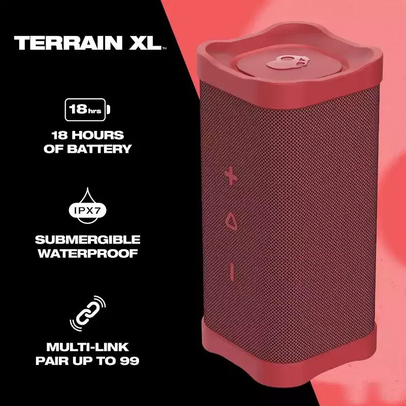 Skullcandy Terrain XL Wireless Bluetooth Speaker - IPX7 Waterproof Portable Speaker, 18 Hour Battery, Nylon Wrist Wrap, True Wireless Stereo, Red