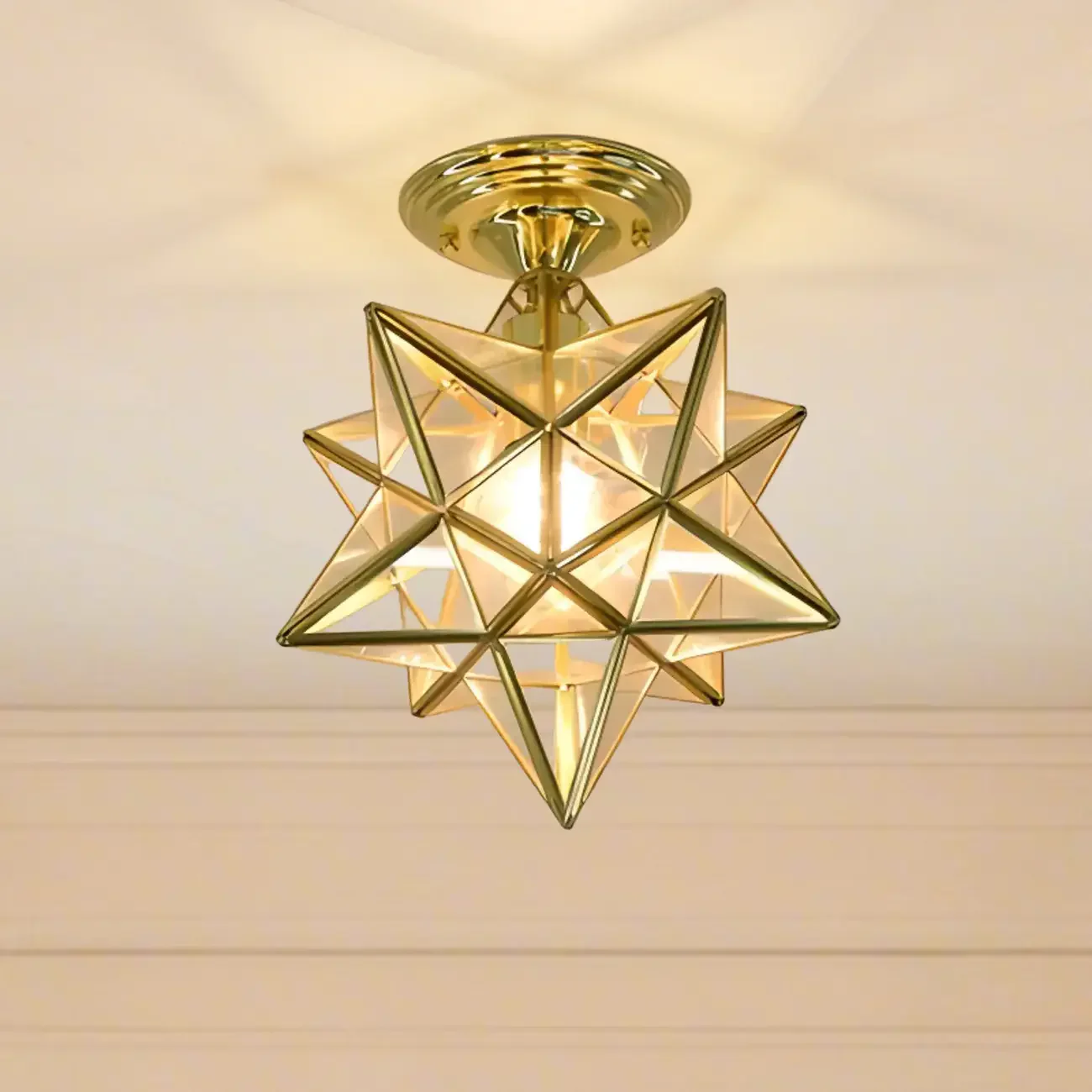 Colonial Style Gold Star Glass Shade Semi Flush Ceiling Light