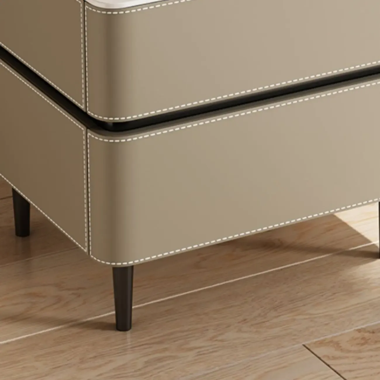 Modern Faux Marble Top Leather Rounded 2-Drawer Nightstand