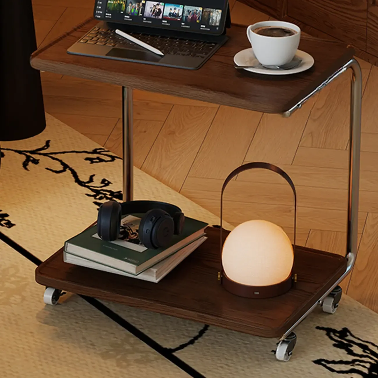 2-tier Rectangular C-shaped Wood Side Table with Wheels