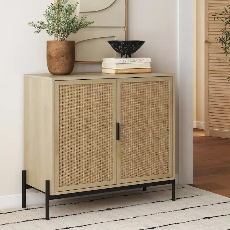 Andrew Bohemian Entryway Storage Cabinet or Kitchen Sideboard Credenza, TV Stand or Rattan Accent Cabinet with Metal Legs