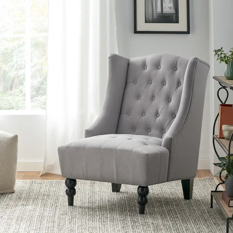 Tufted High-Back Wingback Club Chair – Silver / Beige / Charcoal / Blue / Teal, Mid-Century Style, Seats 1