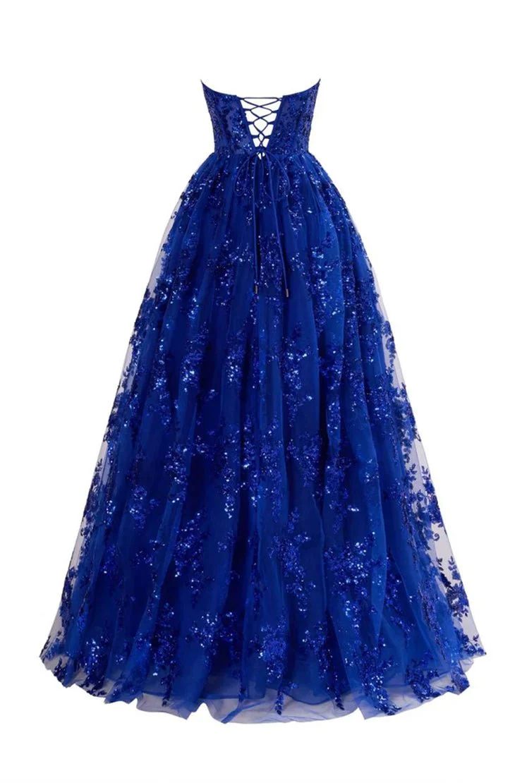 Royal Blue - A Line Strapless Pleating Long Prom Dress With Applique