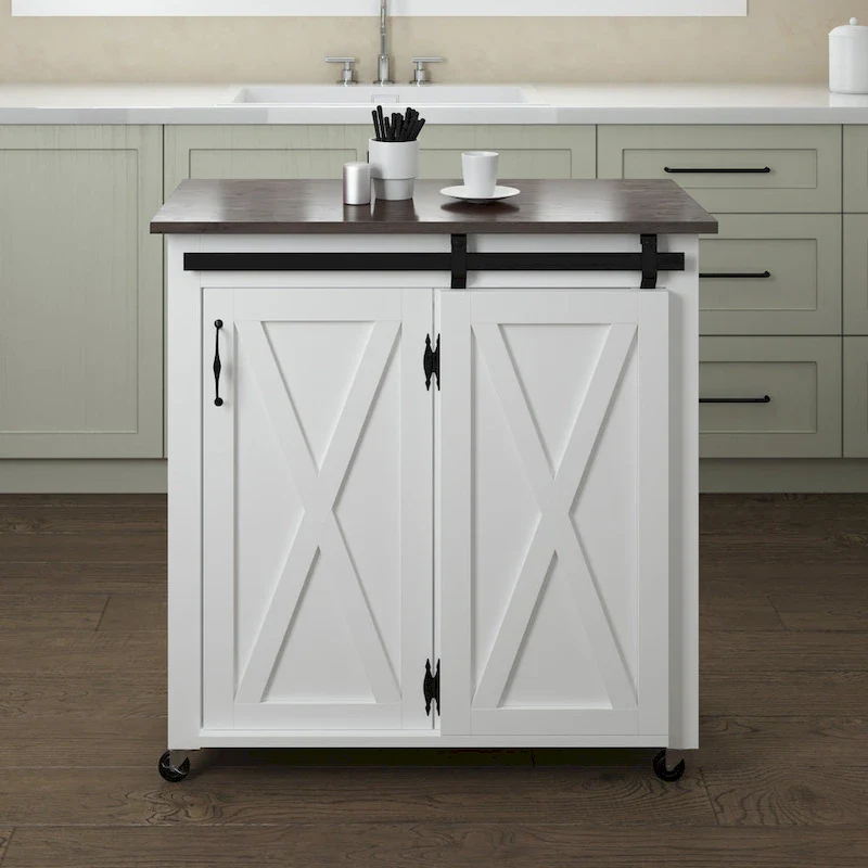 Modern Farmhouse Kitchen Cart with Barn Door & 2 Cabinets - White & Dark Brown - 35x18x35.75