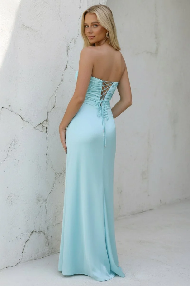 Strapless Aqua Blue Sheath Long Prom Dresses