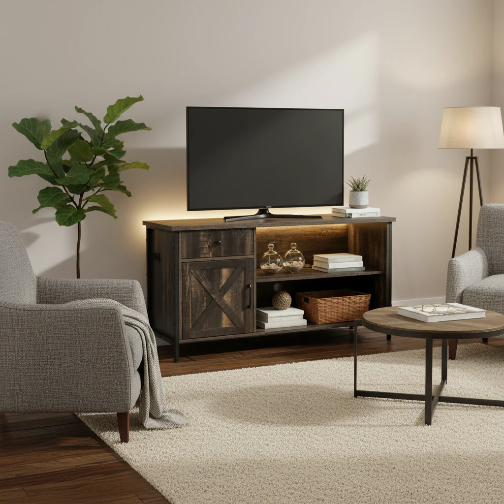 TV Stand, Rustic Farmhouse Style, Barn Door Design, LED Strip, 2 Power Outlets, 2 USB Ports, Drawers, Open Shelves, Fits TVs up to 80 in, Grey, 1-Person Use