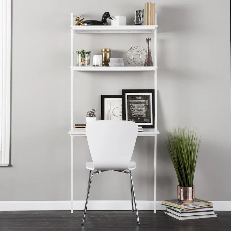 Wall Mount Floating Desk with Shelves - Matte White