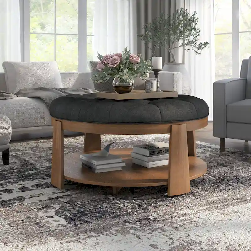 Dark Grey / Beige Round Tufted Ottoman with Wheels, Seats 1, Open Shelf