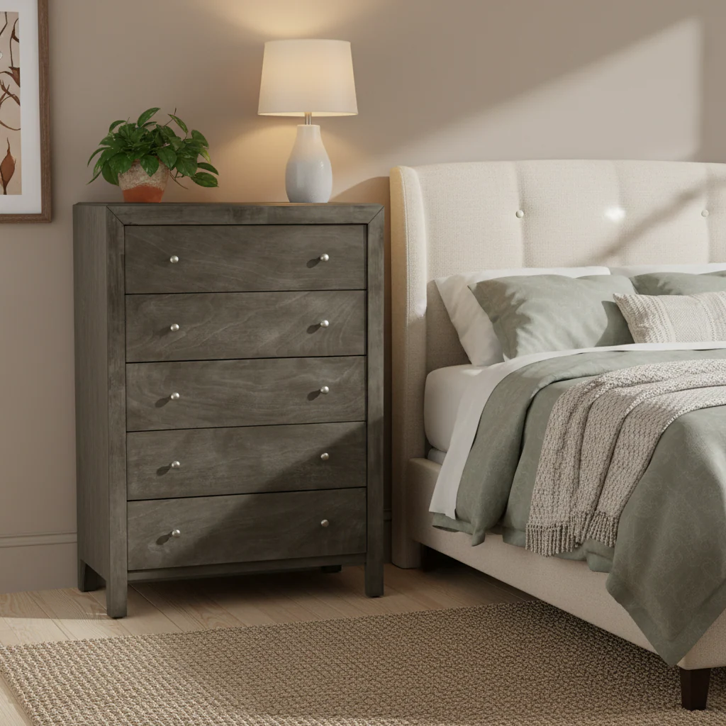 Gray / Cherry / Black 5-Drawer Chest of Drawers – Transitional Style