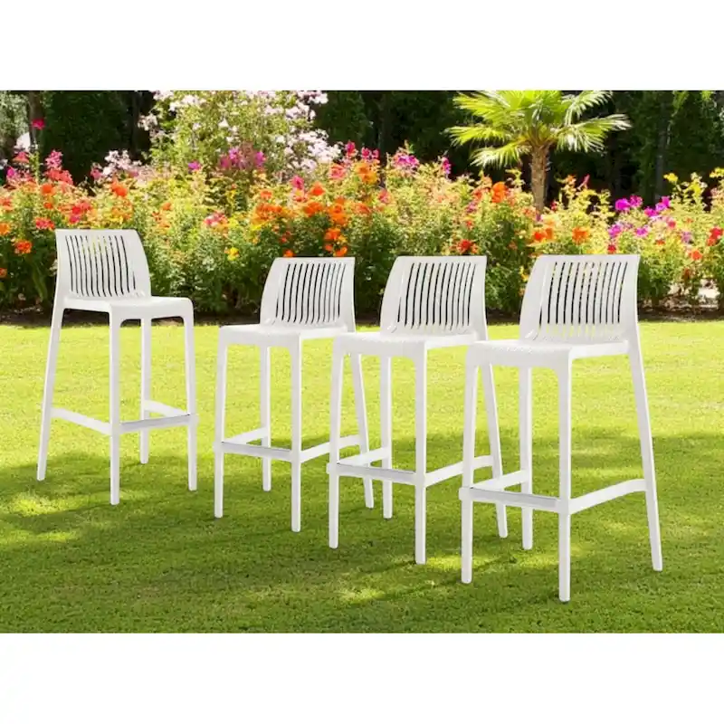 HomeRoots Set of Four 30  White Heavy Duty Plastic Low Back Outdoor Bar Height Chairs