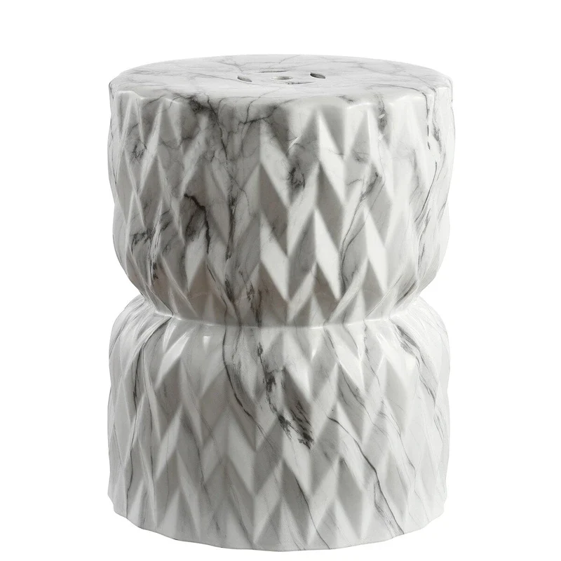 Chevron Drum 17.5  White Marble Finish Ceramic Garden Stool