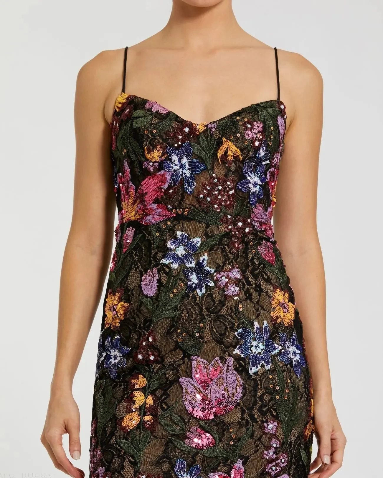 Black Multicolor Floral Embroidered Trumpet Gown