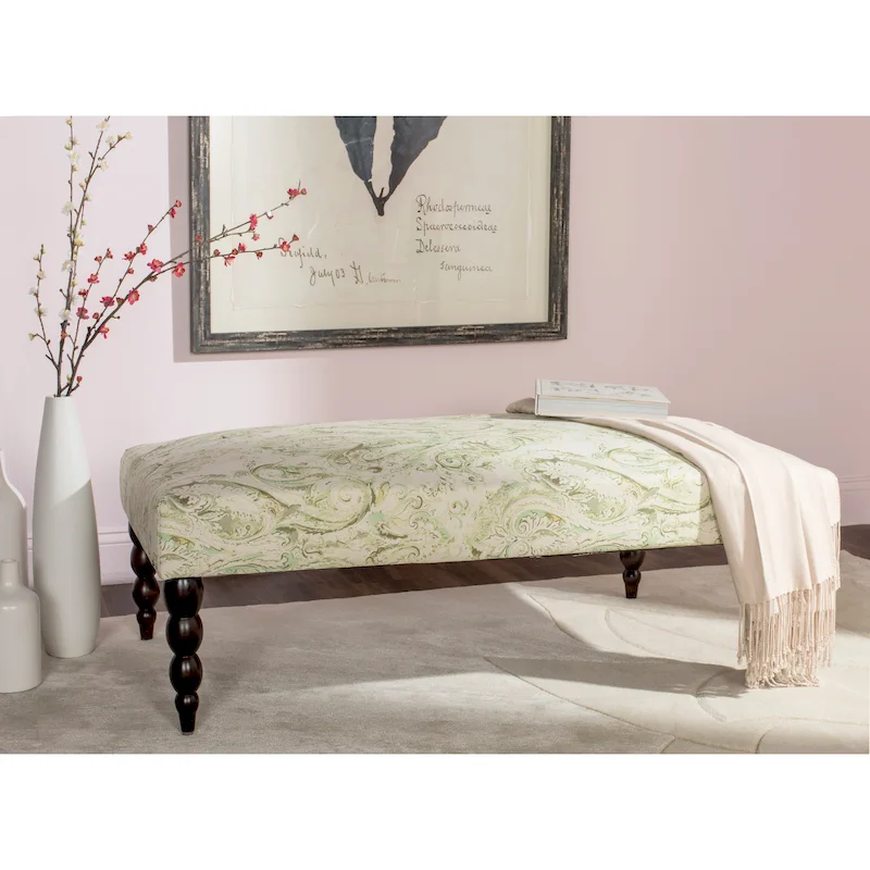 Green Paisley Viscose & Linen Upholstered Ottoman Bench with Espresso Birch Legs, Seats 1