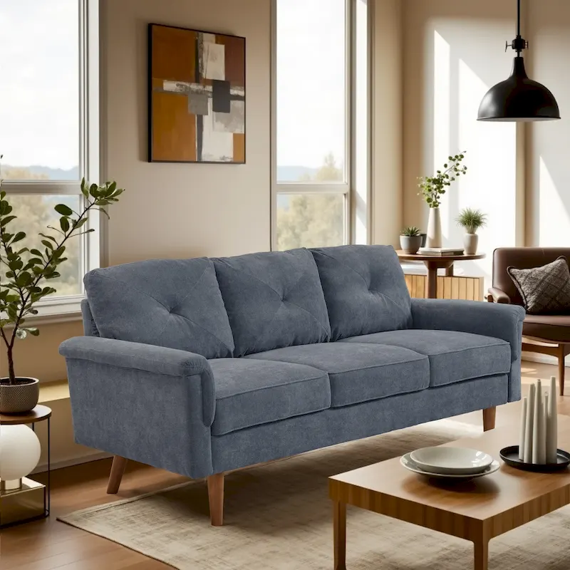 Mid-Century 3-Seat Upholstered Sofa with Wood Legs