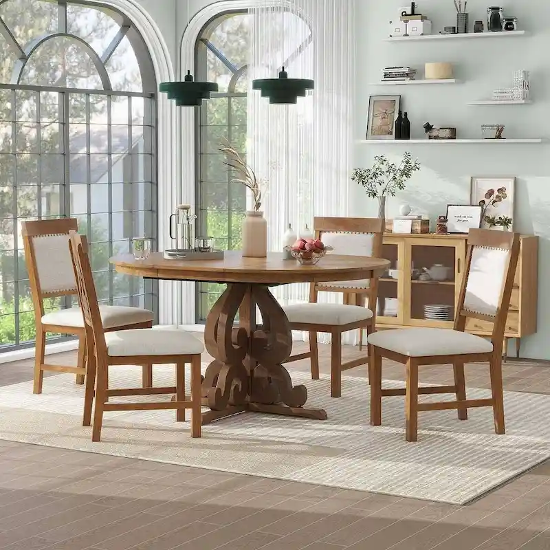 58  Traditional Extendable Dining Table Set with 4 Upholstered Chairs