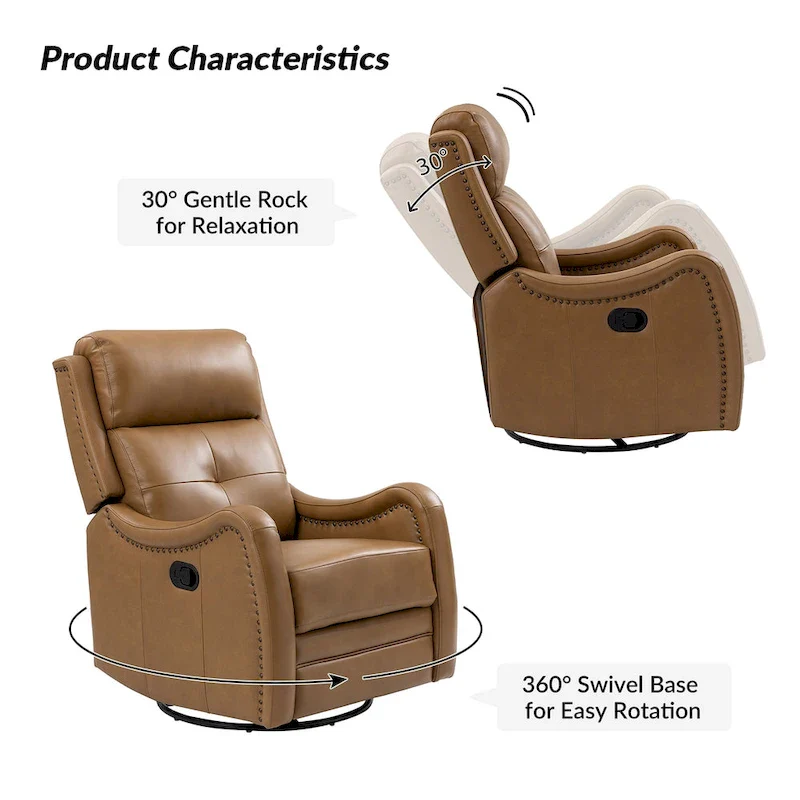 Genuine Leather Swivel Rocker Recliner with Nailhead Trims by
