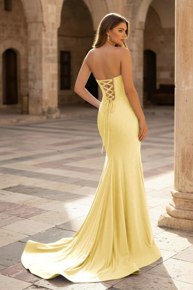 Sky Blue Strapless Satin Beaded Mermaid Long Prom Dresses With Slit