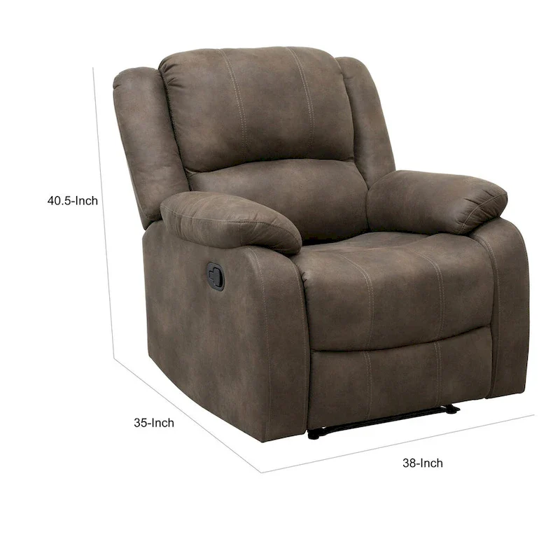 Chris 38 Inch Manual Recliner Chair, Cushions, Solid Wood, Brown Microfiber