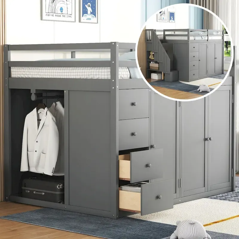 Full Size Loft Bed with Wardrobe & Drawers, White/Grey, 1-Person