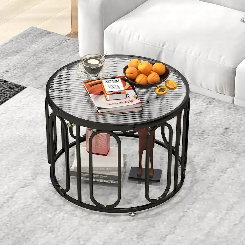 Gymax 2-Tier 24 Round Coffee Table w/ Oval Swivel Brackets & Reeded