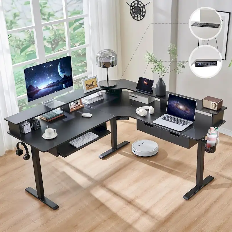 Carbon Fiber Black / Dark Rustic Oak / Antique White L-Shaped Electric Standing Desk with RGB Lighting, 1-Person