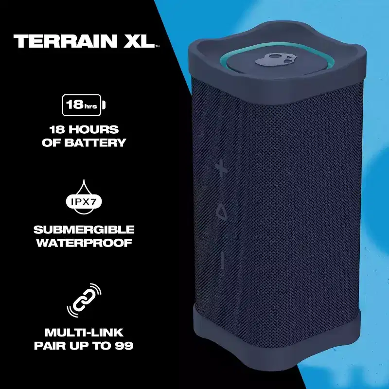 Skullcandy Terrain XL Wireless Bluetooth Speaker - IPX7 Waterproof Portable Speaker, 18 Hour Battery, Nylon Wrist Wrap, True Wireless Stereo, Navy