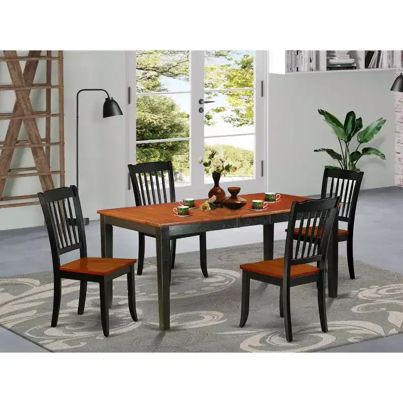 Rectangular Dining Table Set 54x66 Inch with Leaf & 4 Chairs - Modern Farmhouse Style