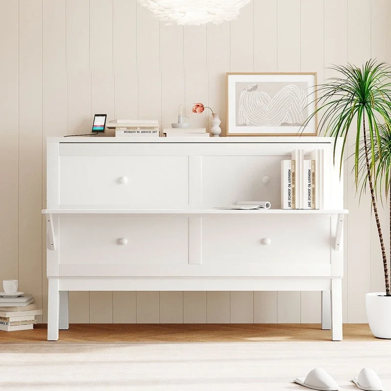 Grey / White Queen Size Murphy Bed Cabinet with Dual USB Port & 2 Sliding Desks – 2-Seater
