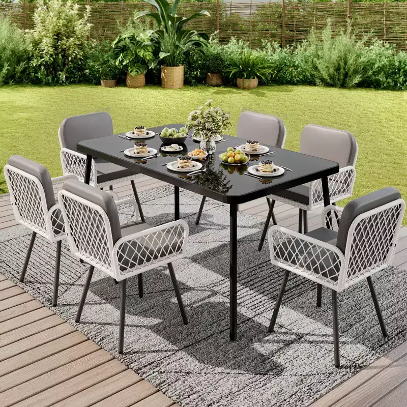 59-Inch Rectangular Patio Dining Table, Tempered Glass Top with Metal Frame, Seats 4-6 People, Ideal for Porch, Balcony, Backyard, Poolside  Black