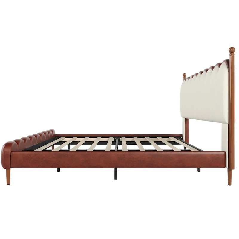 Leather Upholstered Bed with Headboard & Footboard, Solid Wood Slats & Legs