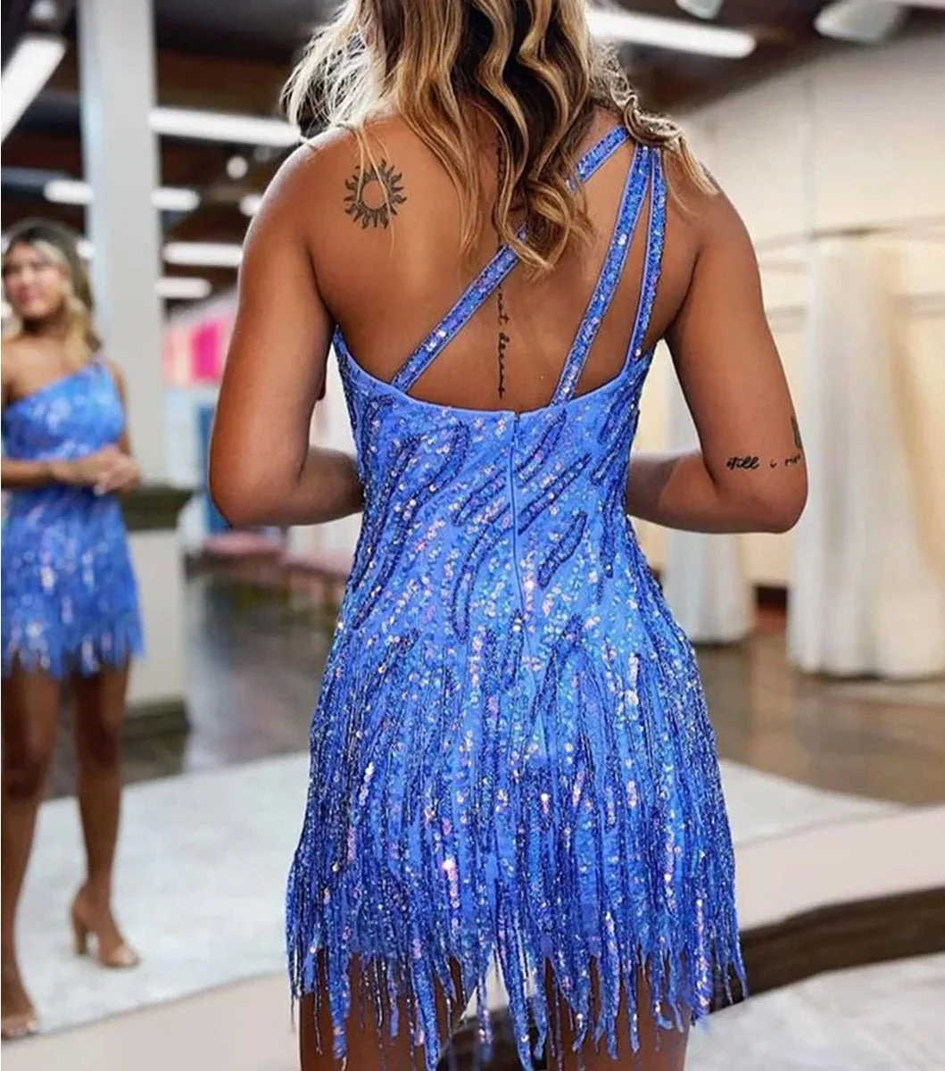 Sparkly Blue One Shoulder Sequins Mini Party Dresses with Fringes