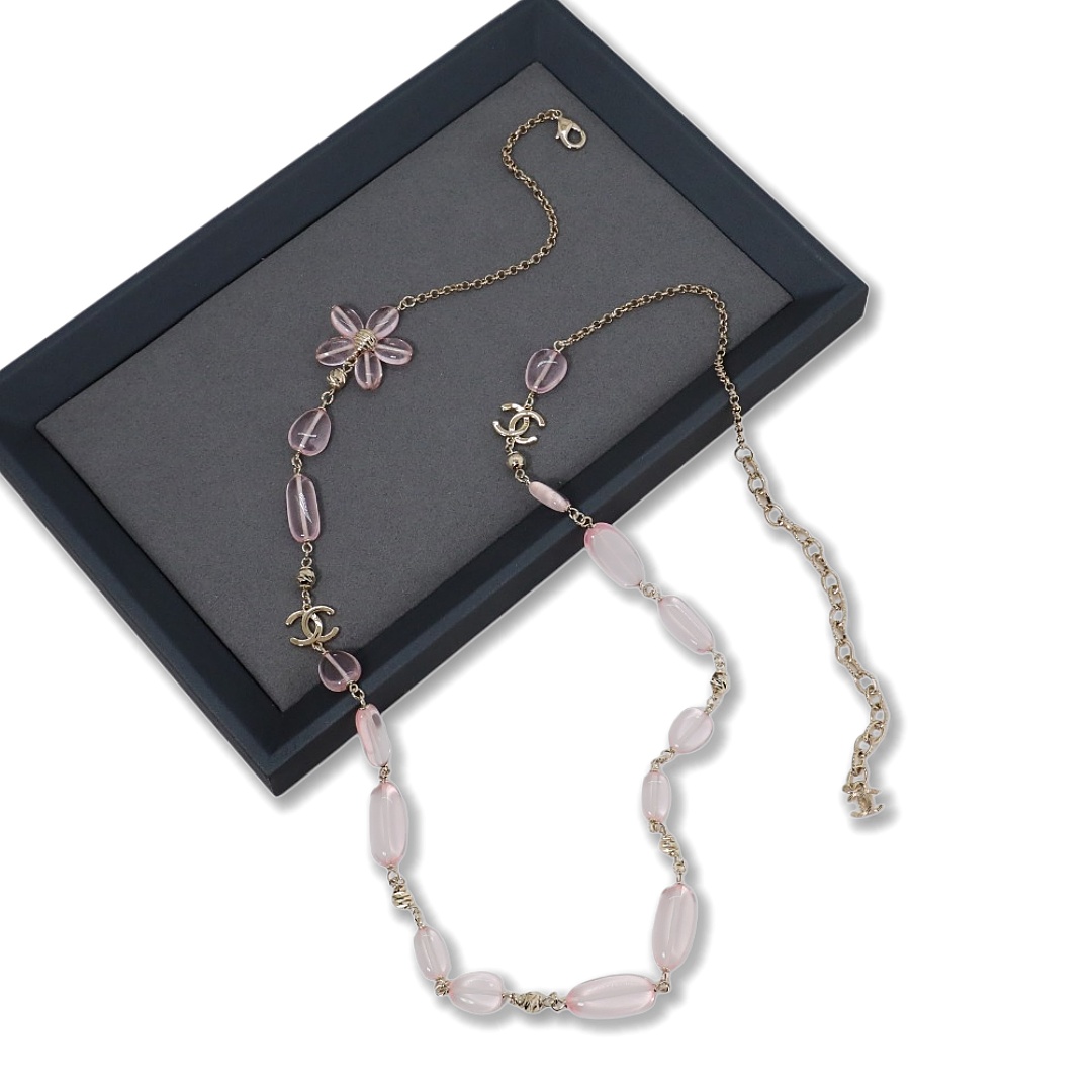 CCL115 Chanel Long Pink pearl chain sweater necklace - ccjewelryacc