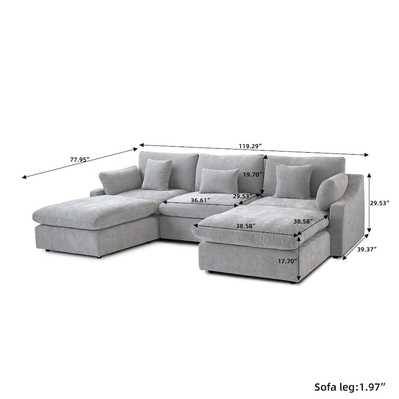 Classic Modern Linen Sectional Modular Sofa 3-Seater with 2 Ottomans, U-shaped Down Filled Cloud Couch with Cushions