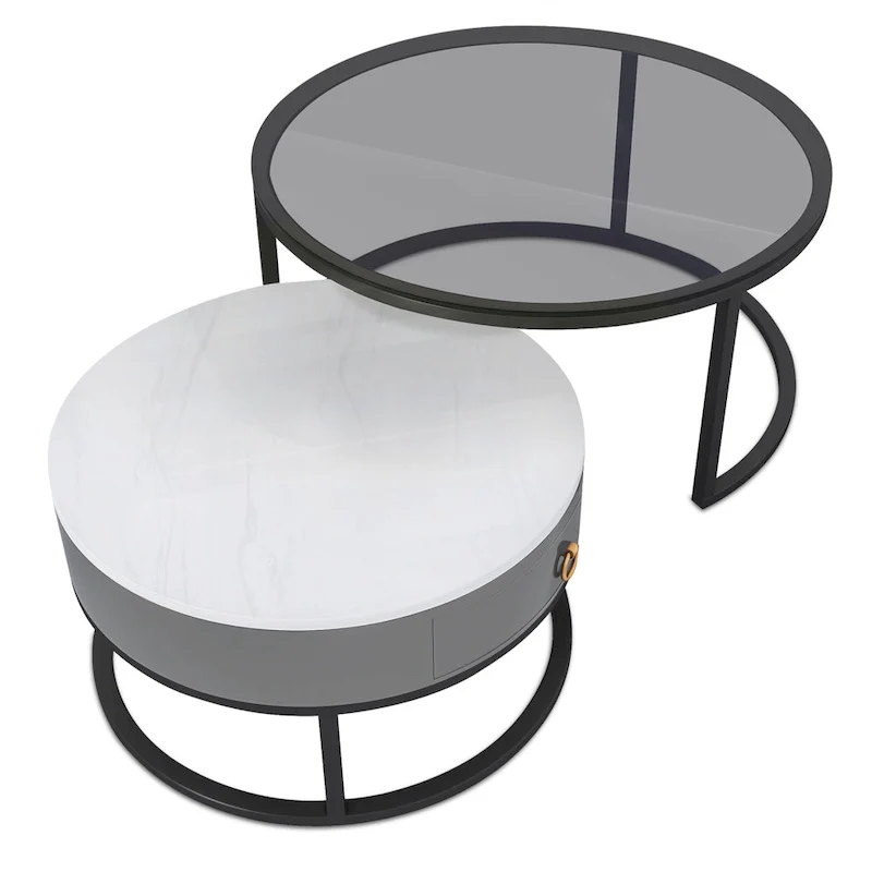 Modern Glass Waterproof Round Nesting Coffee Table with Drawer