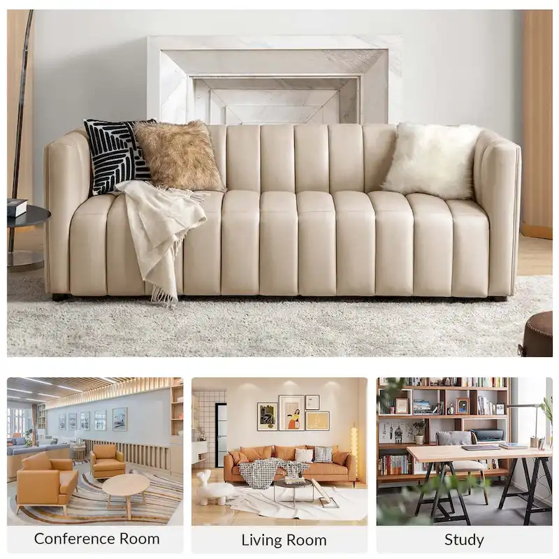 Modern Camel 83-Inch Genuine Leather Curved Couch with Channel Back