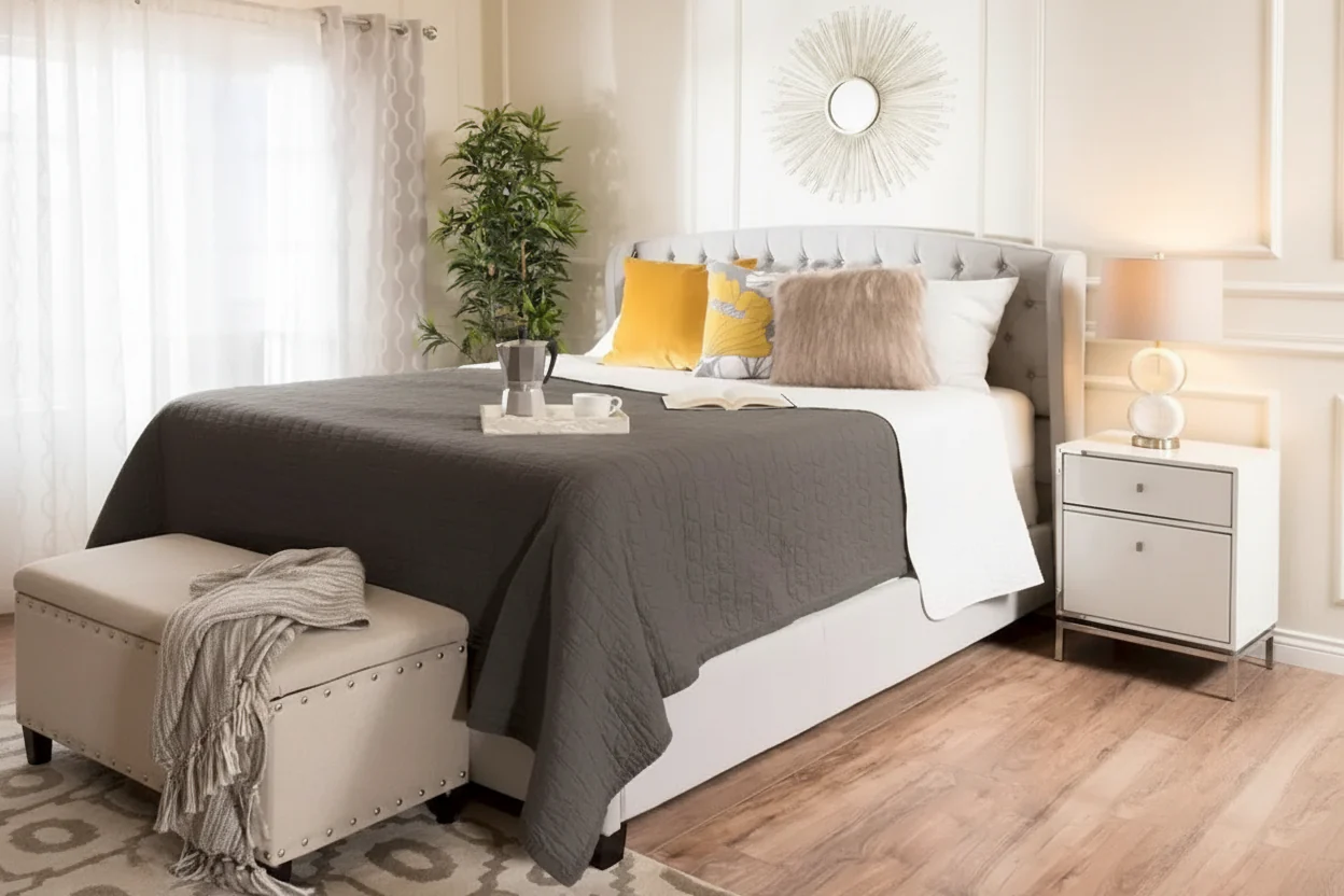 Queen Size Upholstered Bed Frame with Fabric Headboard