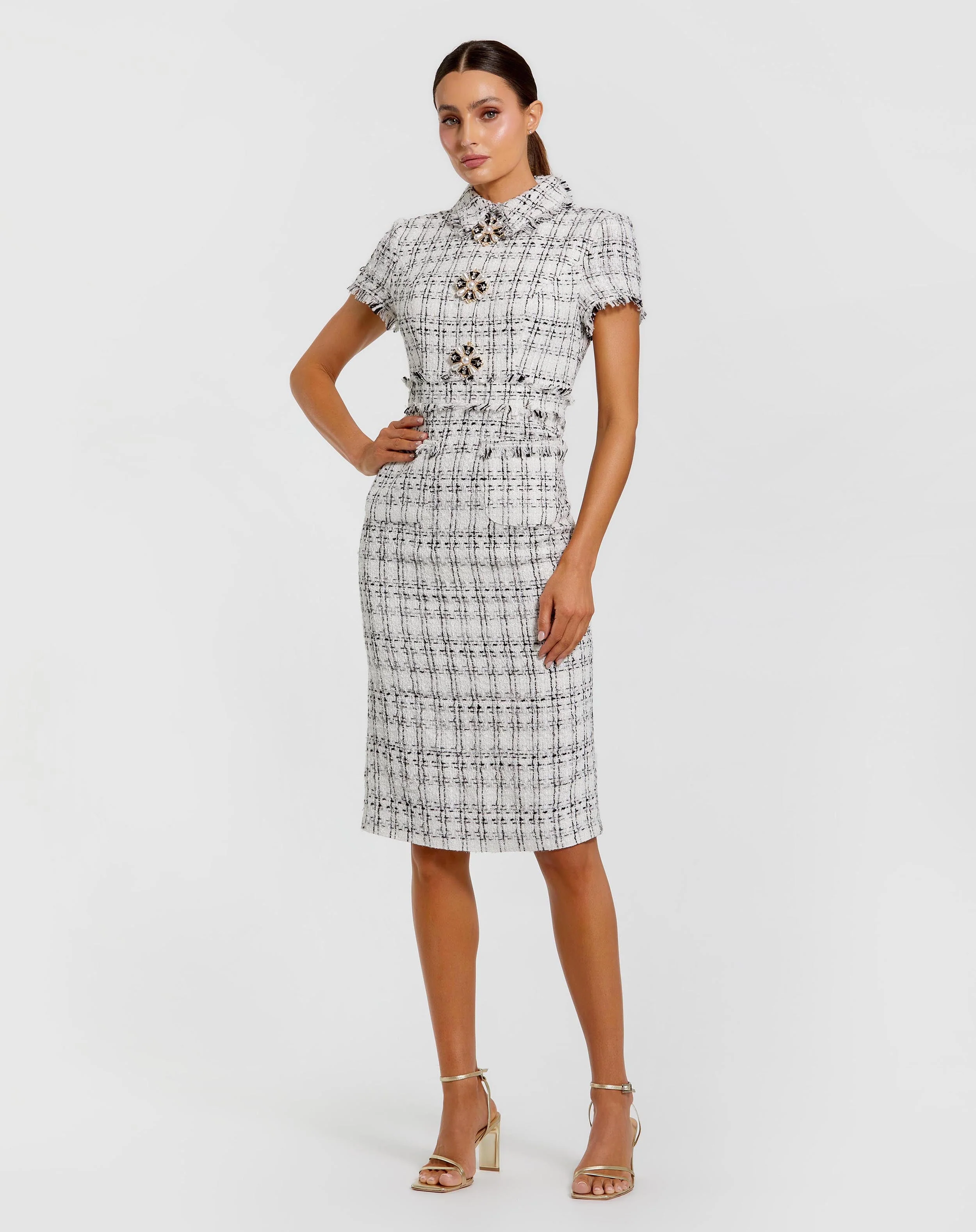 White Fitted Boucle  Short Sleeve Button Up Midi Dress