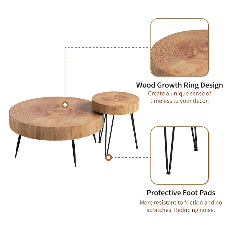 Rustic Cylindrical Wood Veneer Coffee Table – Natural / White / Light Red & Natural