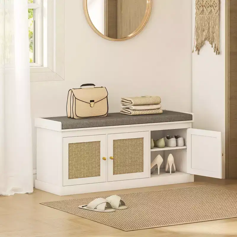 Shoe Storage Bench with Rattan Doors Cushion and Adjustable Shelves