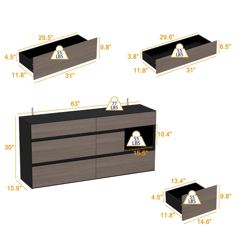 Grey Wood / Black 6-Drawer Dresser with Open Cubby, Single-Person Assembly