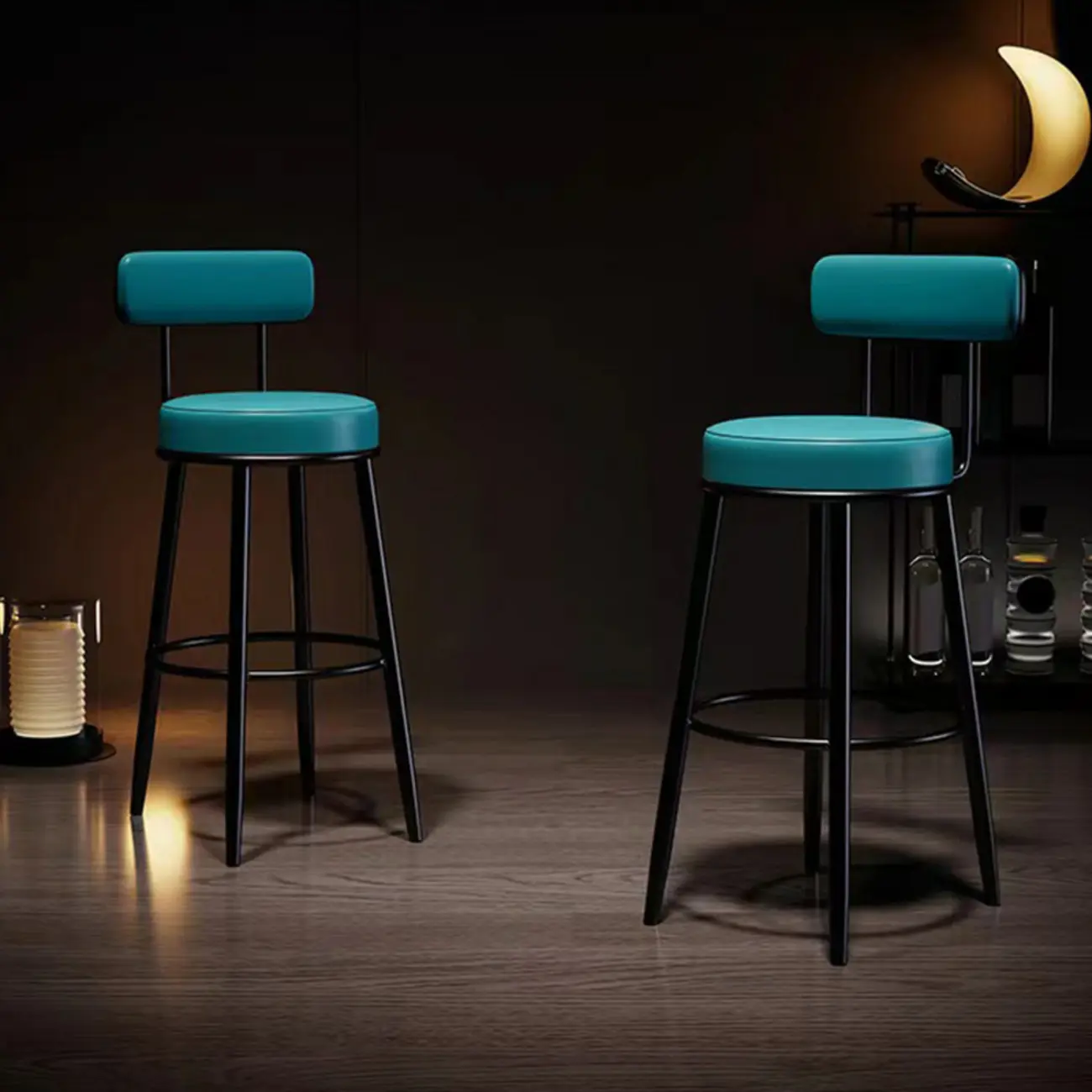 Modern Round Iron Open-Back Upholstered Bar Stool