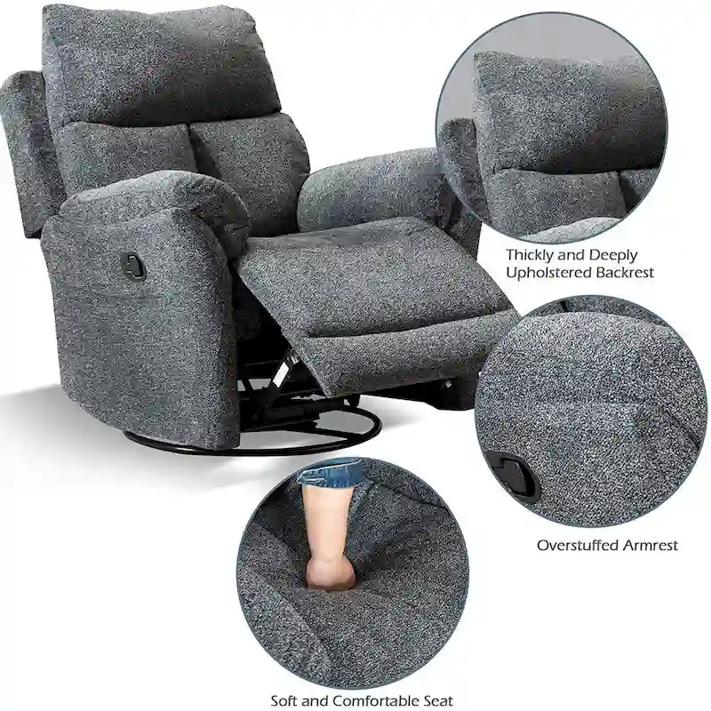 Fabric Overstuffed Swivel Rocker Manual Recliner Chair