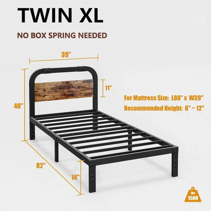 Heavy Duty Anti-Sway 40 Inch Iron Bed With Solid Wood Headboard