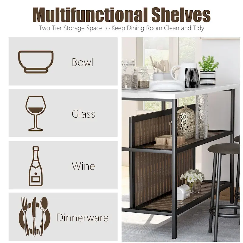 Grondin Mid-Century Modern 3-Piece Faux Marble Top Kitchen Island Set with 2 Stools and Shelves - N/A