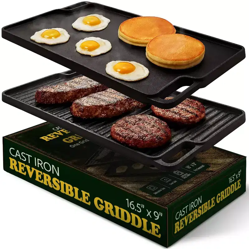 Cast Iron Reversible Griddle Grill Combo Set with Protective Mitts Grill Press and Scraper Pre Seasoned for Indoor Outdoor Stove Camping Cooking