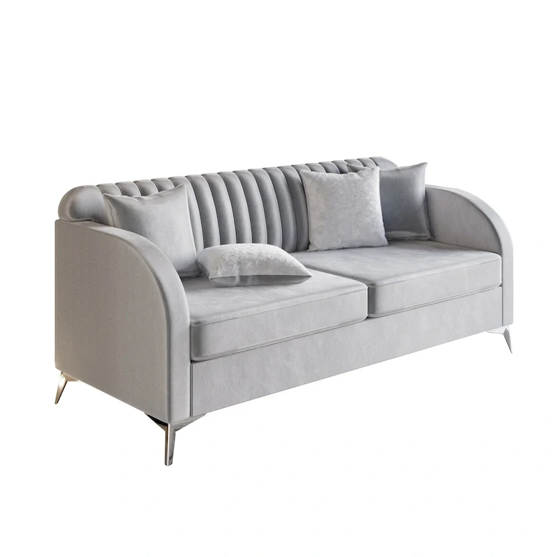 Silver Grey Velvet Channel Tufted Sofa, 3-Seater