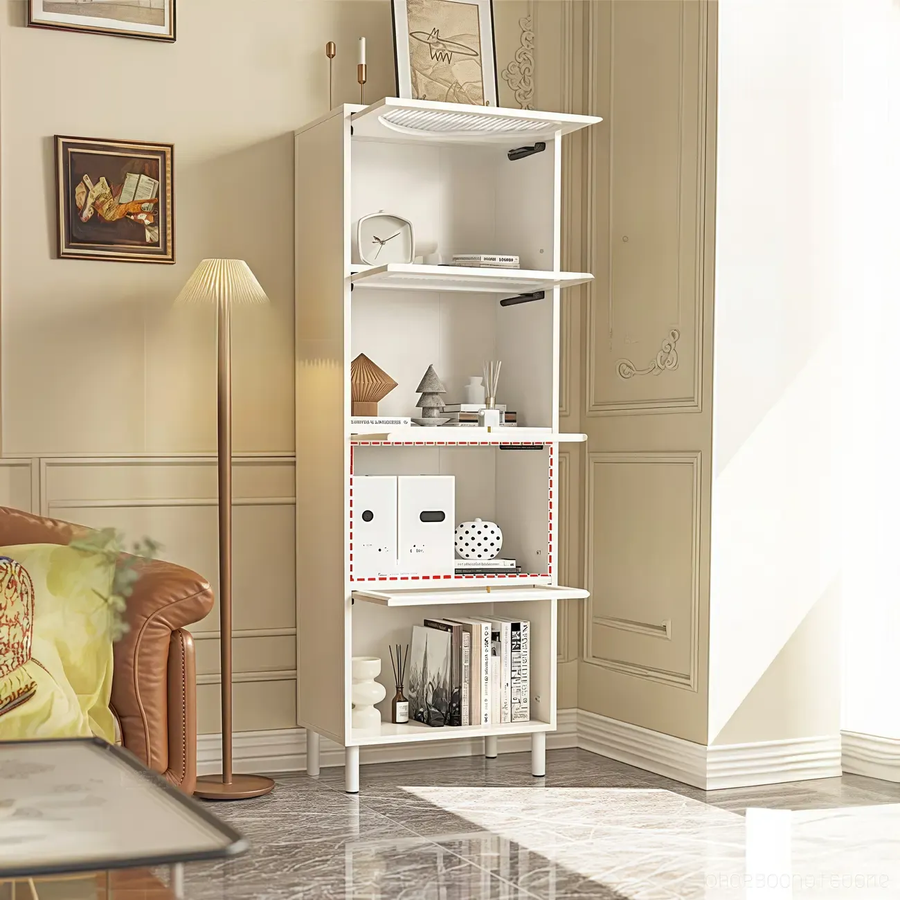 3-5 Shelves White Glass Display Cabinet with Flip Cover