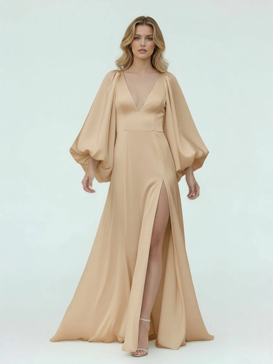 White Satin Simple A-Line Long Wedding Dress with Slit